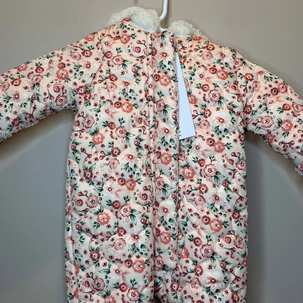 NWT Nicole Miller New York Baby Girls Pink Floral Quilted Snowsuit 6/9M Months